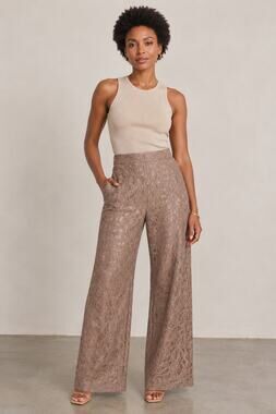 Current Air Embroidered Lace Overlay Wide Leg Pants Tan High Waist NWT XS